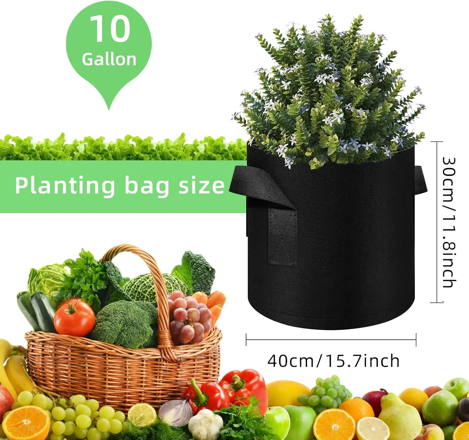 10 Gallon Garden Grow Bags, 60 Pack 10 Gal Planter Bags Fabric Pot Bags, Nonwoven Grow Bags Heavy Duty Aeration Fabric Pots with Handles, Garden Fabric Planters for Vegetables Flowers(10 Gal)
