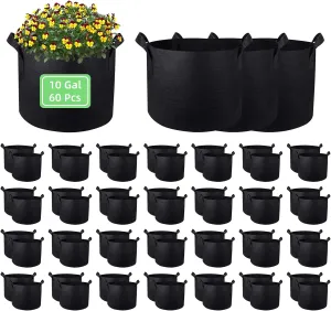 10 Gallon Garden Grow Bags, 60 Pack 10 Gal Planter Bags Fabric Pot Bags, Nonwoven Grow Bags Heavy Duty Aeration Fabric Pots with Handles, Garden Fabric Planters for Vegetables Flowers(10 Gal)