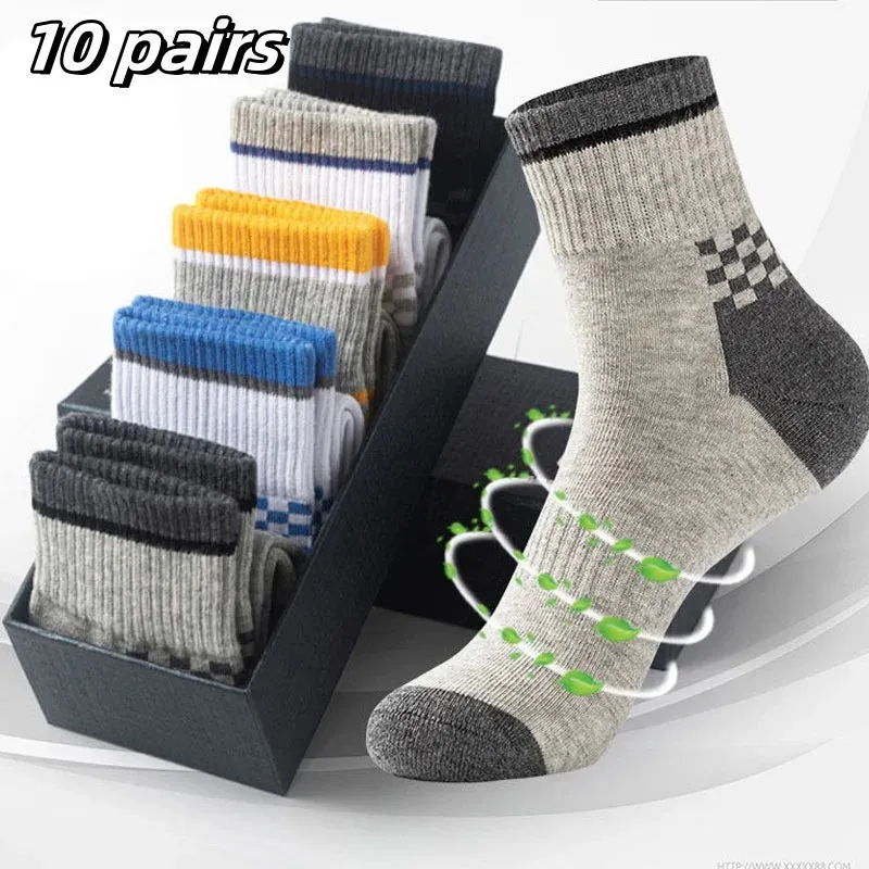 10 Pairs Breathable Cotton Sports Socks - Bamboo Fiber Sweat-Absorbing Deodorant Socks