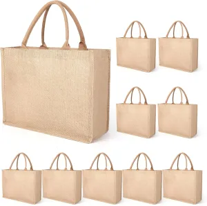 10 Pcs Burlap Tote Bags, Jute Tote Shopping Bags with Handles, Blank Large Burlap Reusable Grocery Bags for Bridesmaid Gift Travel Shopping, DIY Crafts Bags(15.4'' x 12.2'' x 5.9'')