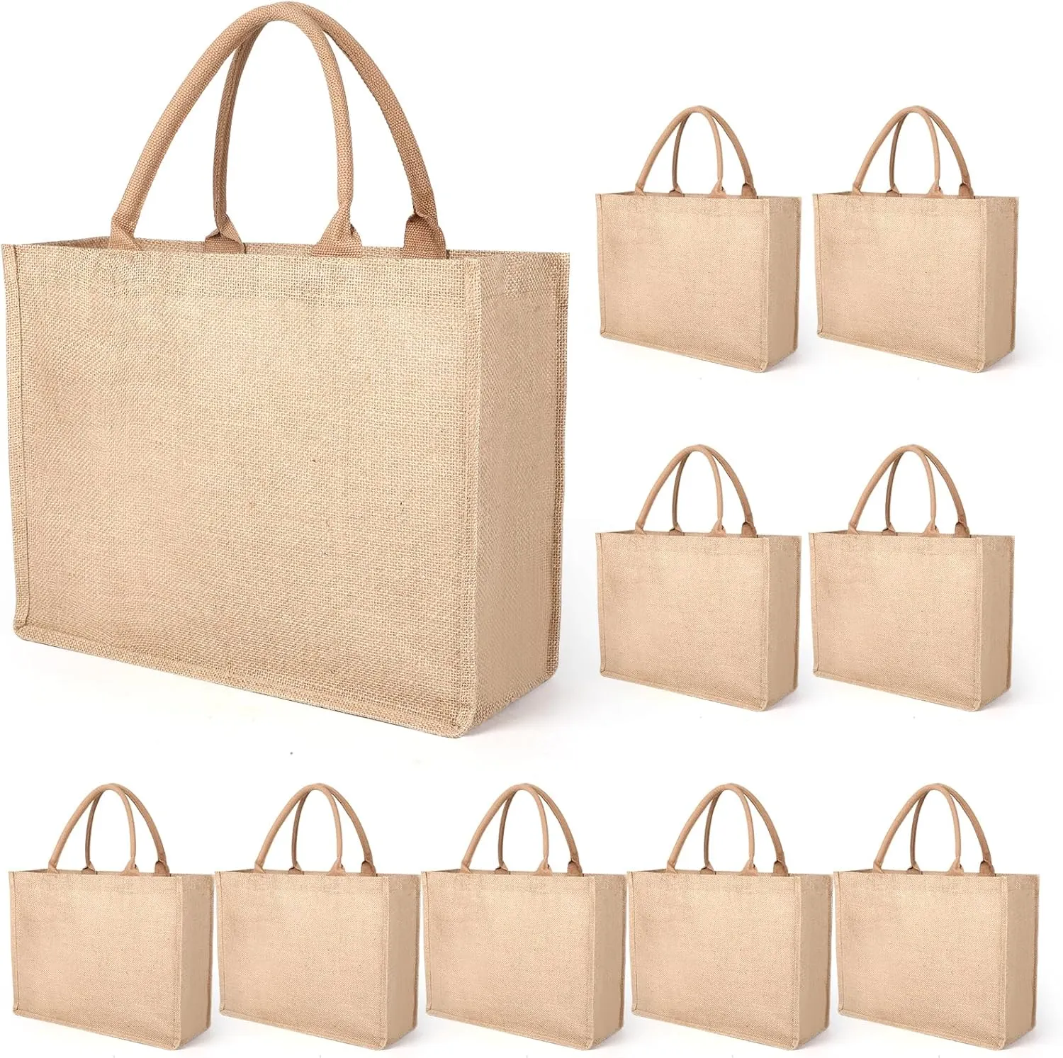 10 Pcs Burlap Tote Bags, Jute Tote Shopping Bags with Handles, Blank Large Burlap Reusable Grocery Bags for Bridesmaid Gift Travel Shopping, DIY Crafts Bags(15.4'' x 12.2'' x 5.9'')