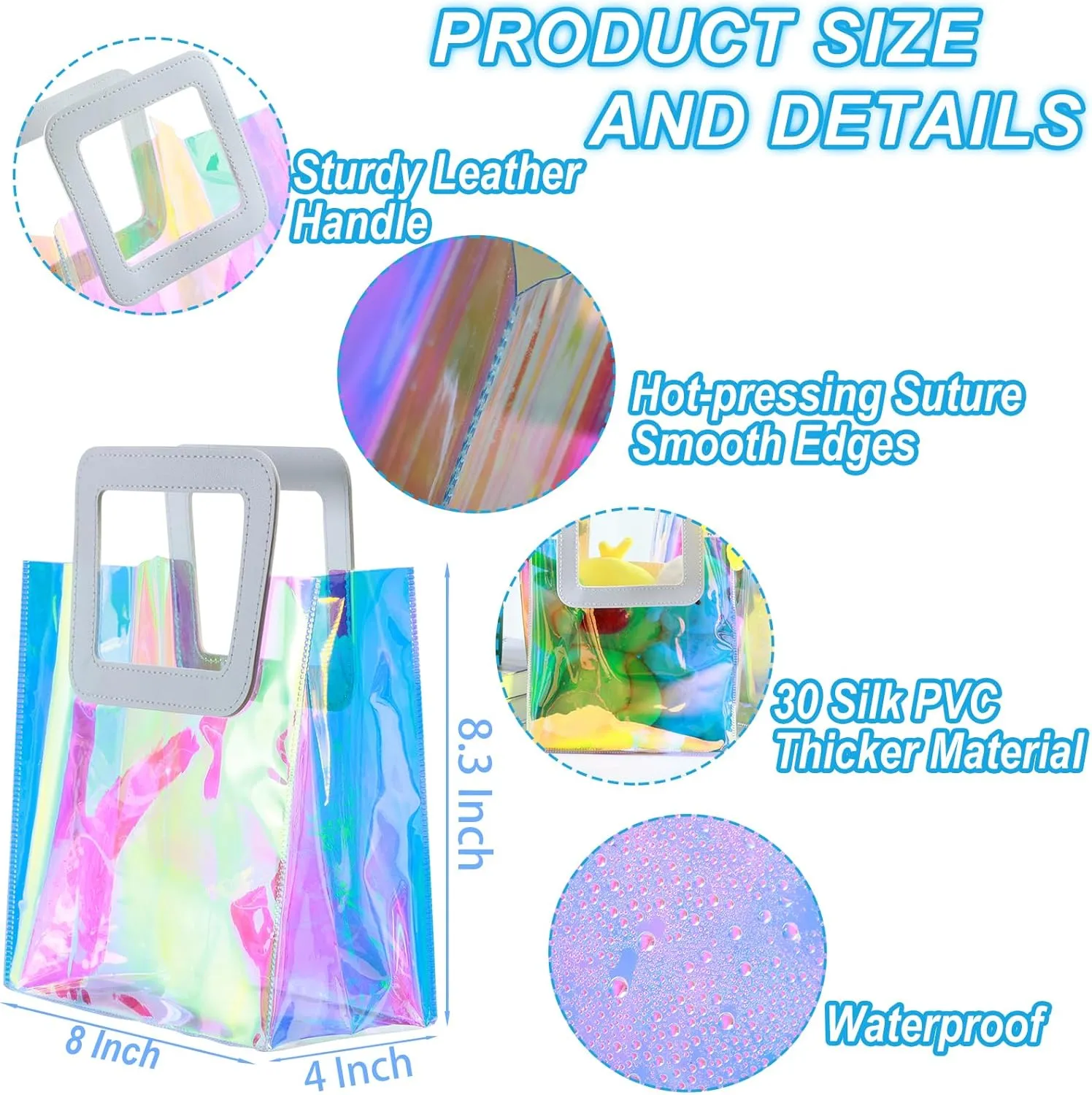 10 Pcs Reusable Holographic Small Gift Bags with Handle 8.3''x8''x4'' Iridescent Bachelorette Party Favor Bags Clear PVC Tote Goodie Bags for Shopping, Picnic, Baby Shower, Wedding, Holidays