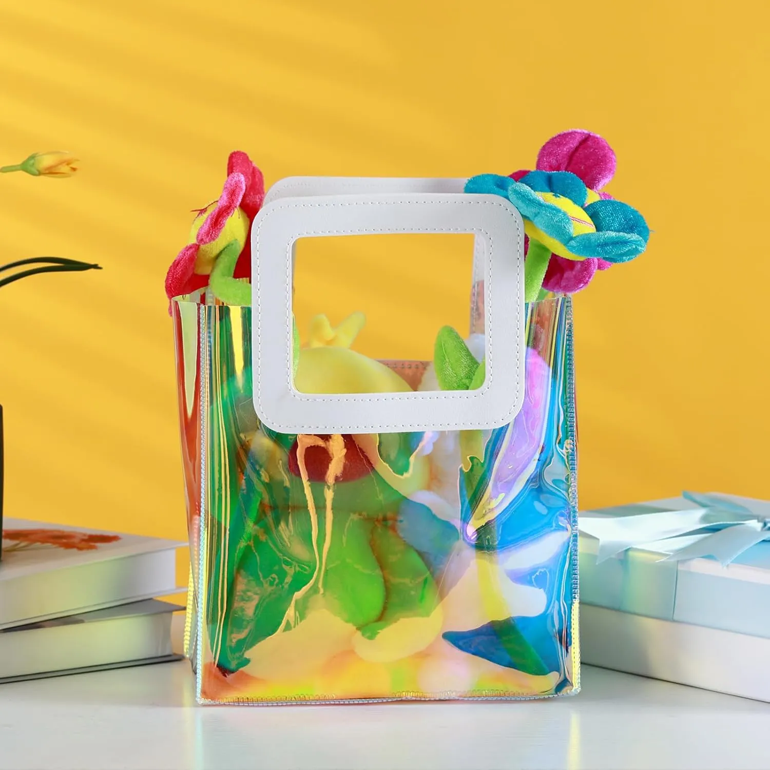 10 Pcs Reusable Holographic Small Gift Bags with Handle 8.3''x8''x4'' Iridescent Bachelorette Party Favor Bags Clear PVC Tote Goodie Bags for Shopping, Picnic, Baby Shower, Wedding, Holidays
