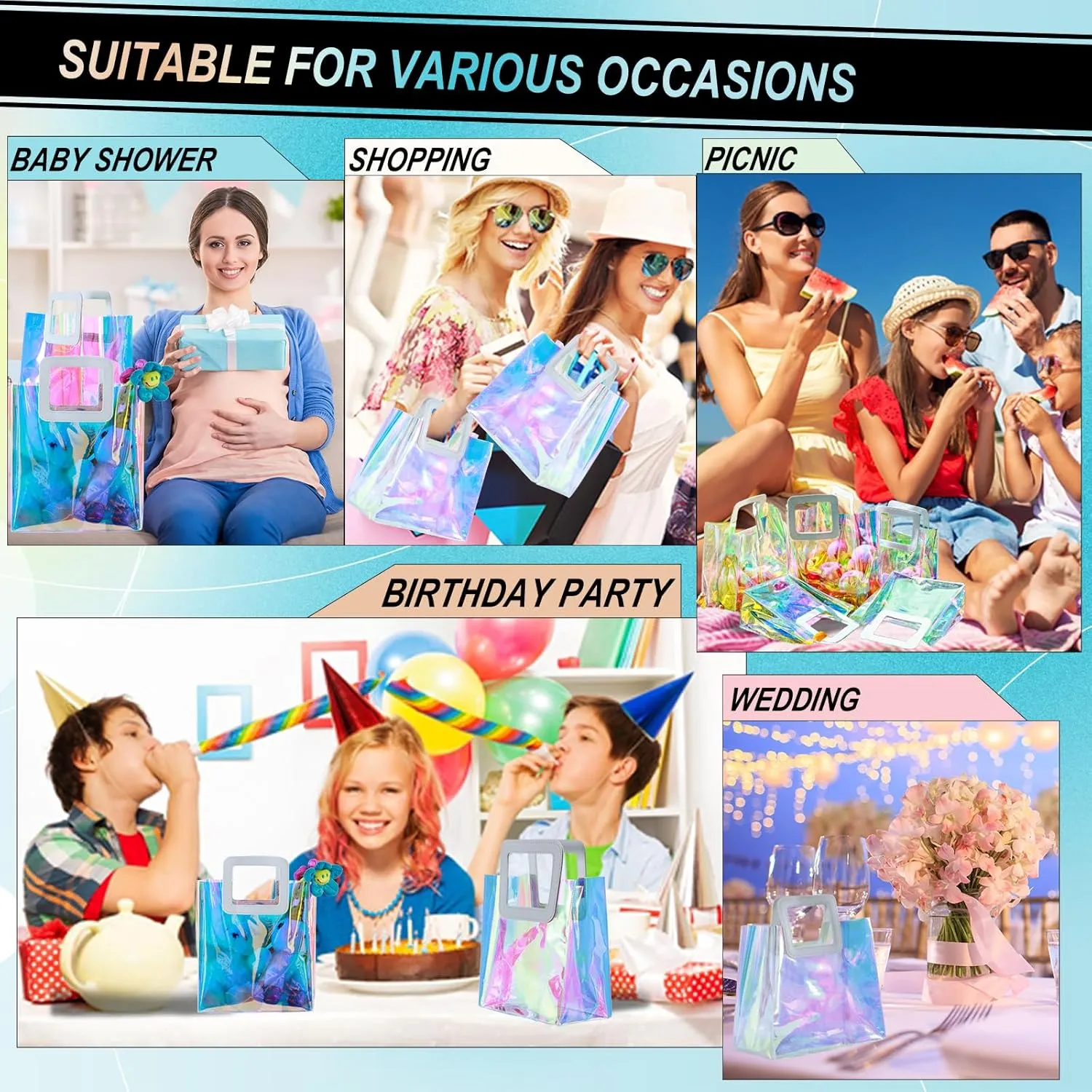 10 Pcs Reusable Holographic Small Gift Bags with Handle 8.3''x8''x4'' Iridescent Bachelorette Party Favor Bags Clear PVC Tote Goodie Bags for Shopping, Picnic, Baby Shower, Wedding, Holidays