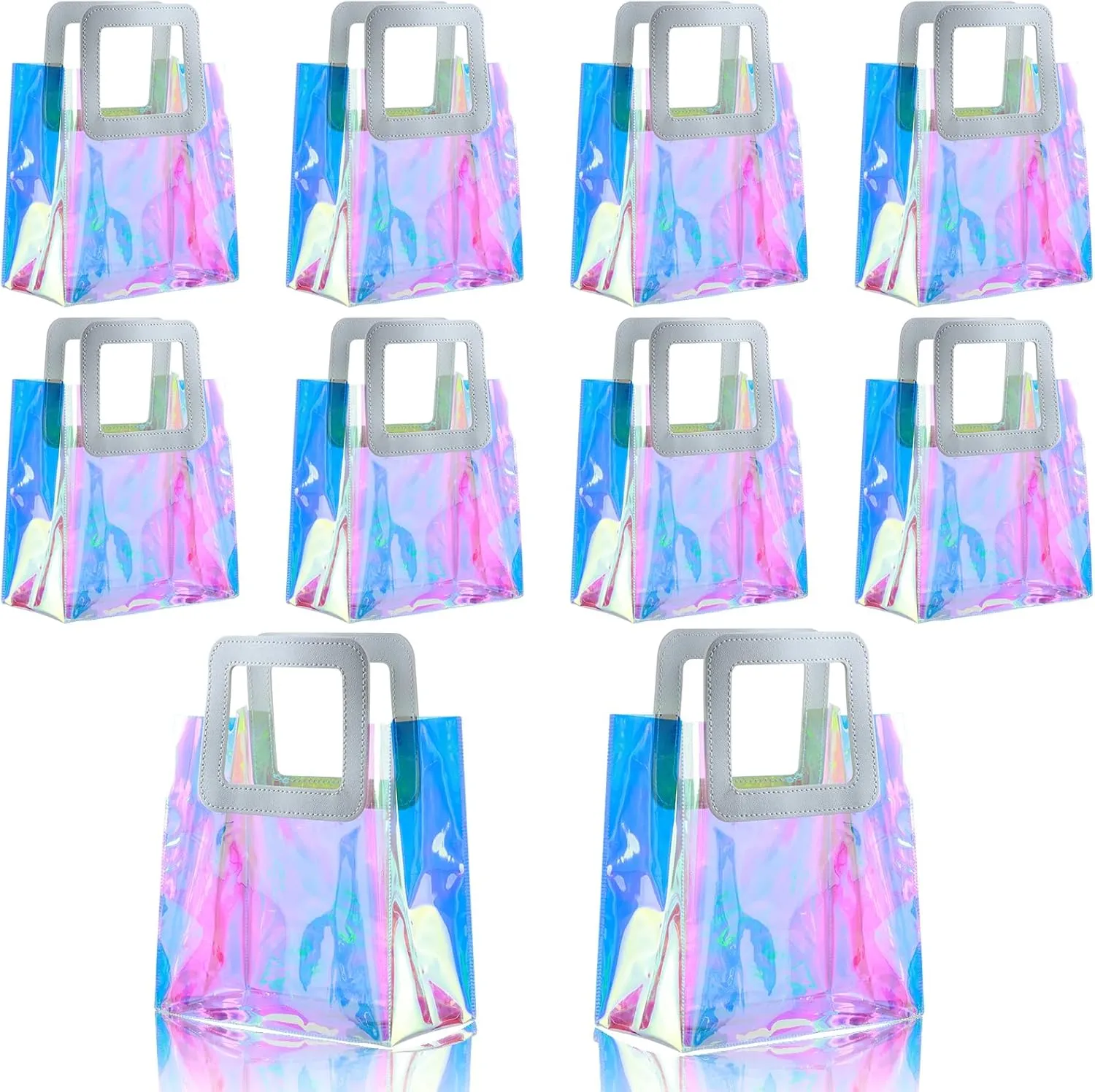 10 Pcs Reusable Holographic Small Gift Bags with Handle 8.3''x8''x4'' Iridescent Bachelorette Party Favor Bags Clear PVC Tote Goodie Bags for Shopping, Picnic, Baby Shower, Wedding, Holidays