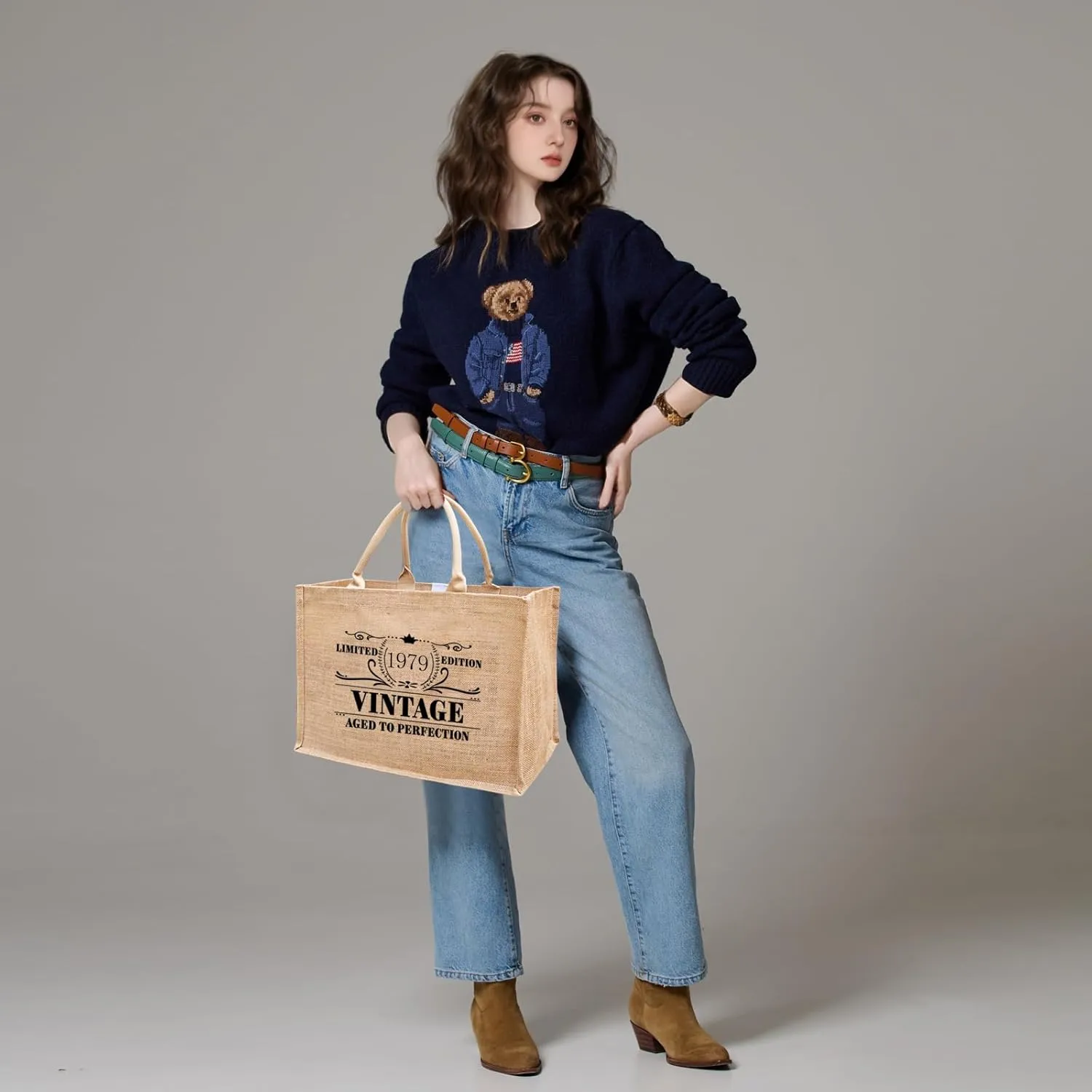 1976 1977 1978 1979 1980 1981 1982 1983 1984 1985 Burlap Jute Tote Bags for Women, 17" x 6.8" x 11.8"
