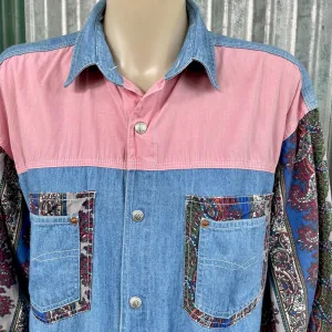 1990's Women's Patchwork Paisley Peach Denim Vintage Cotton Western L/S Shirt Snaps Sz M - OOAK