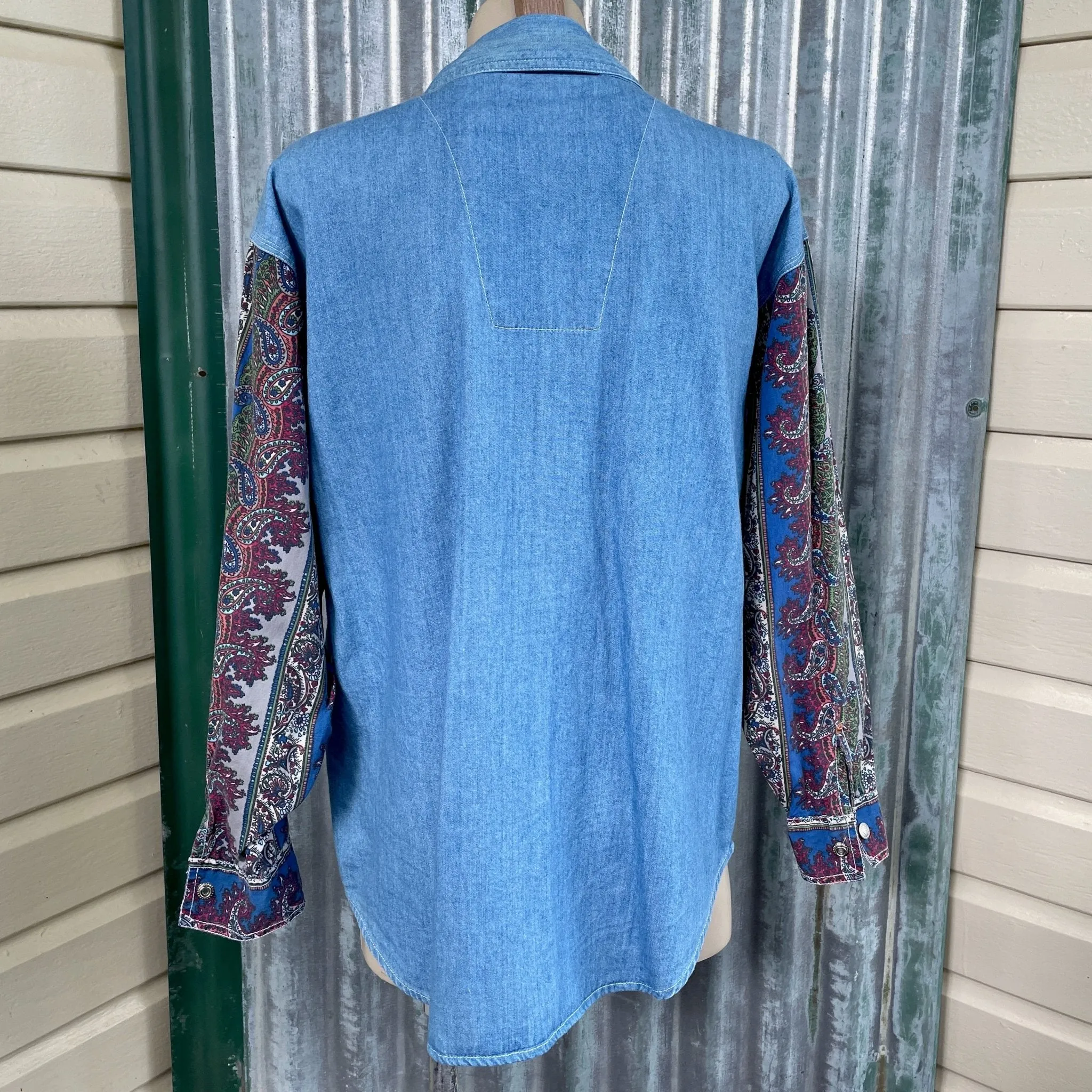 1990's Women's Patchwork Paisley Peach Denim Vintage Cotton Western L/S Shirt Snaps Sz M - OOAK