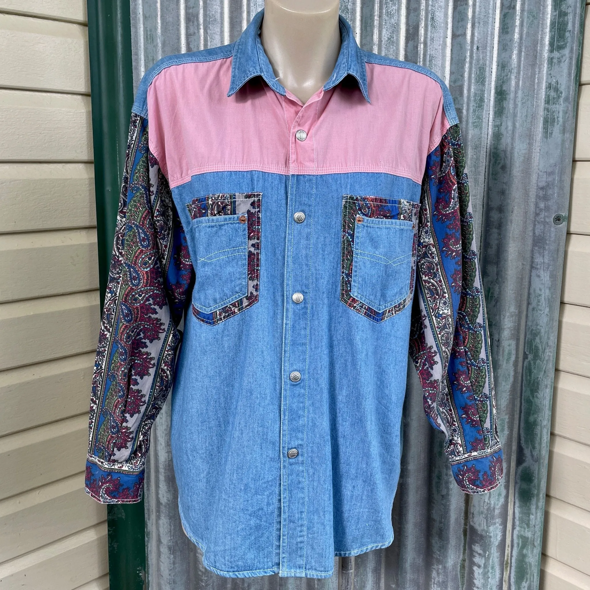 1990's Women's Patchwork Paisley Peach Denim Vintage Cotton Western L/S Shirt Snaps Sz M - OOAK