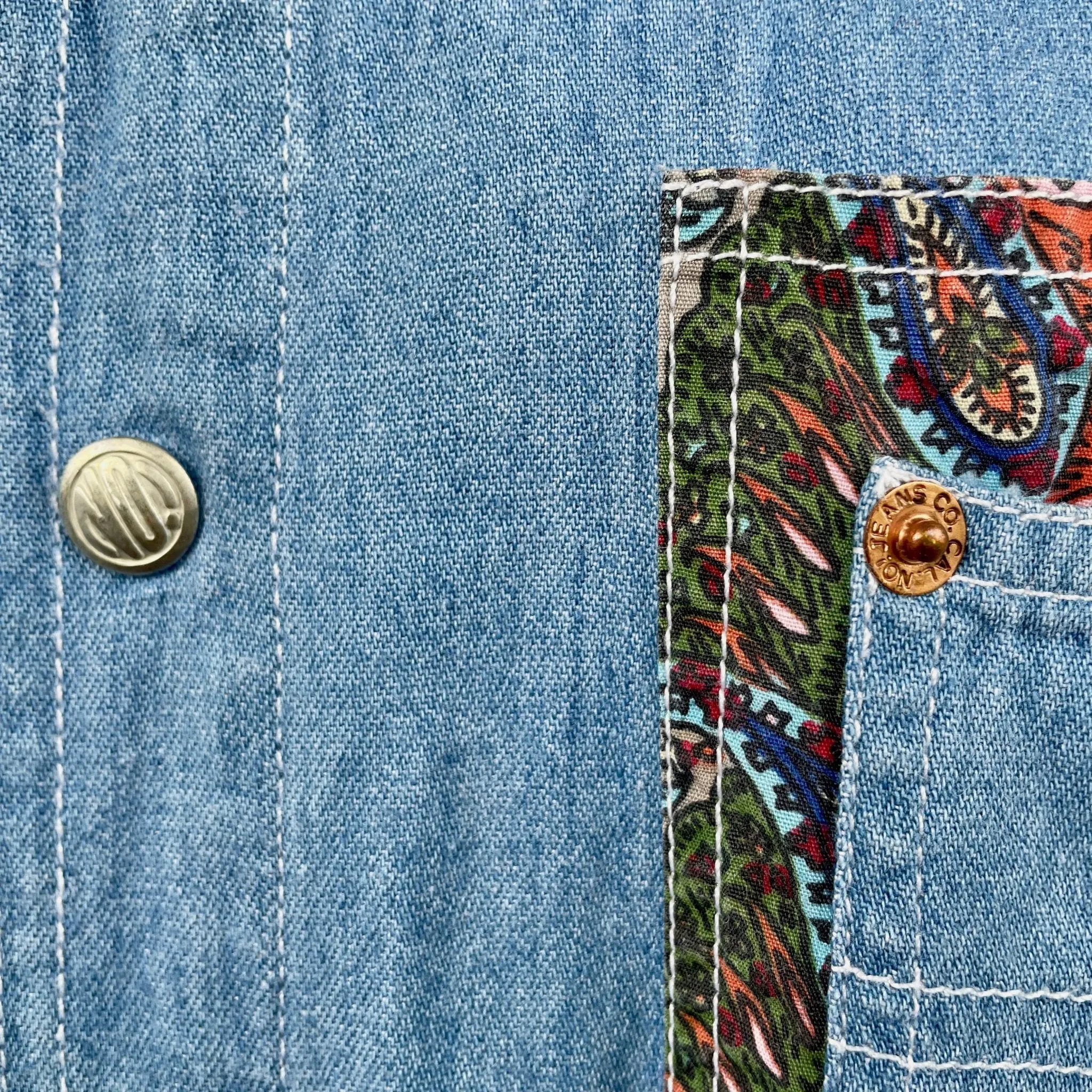 1990's Women's Patchwork Paisley Peach Denim Vintage Cotton Western L/S Shirt Snaps Sz M - OOAK