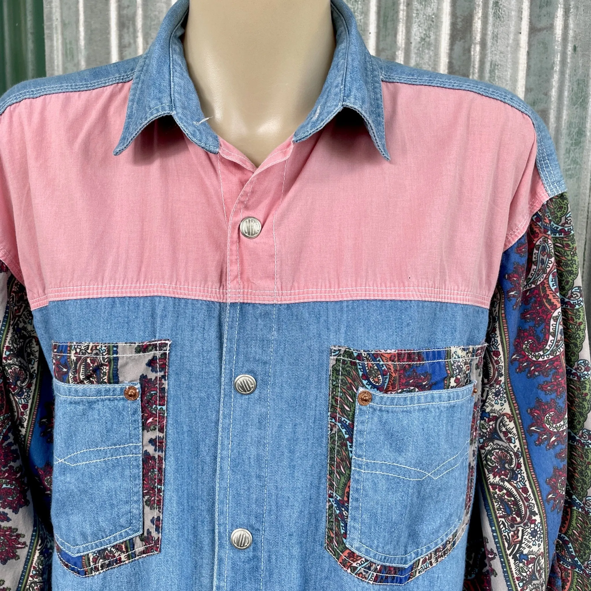 1990's Women's Patchwork Paisley Peach Denim Vintage Cotton Western L/S Shirt Snaps Sz M - OOAK