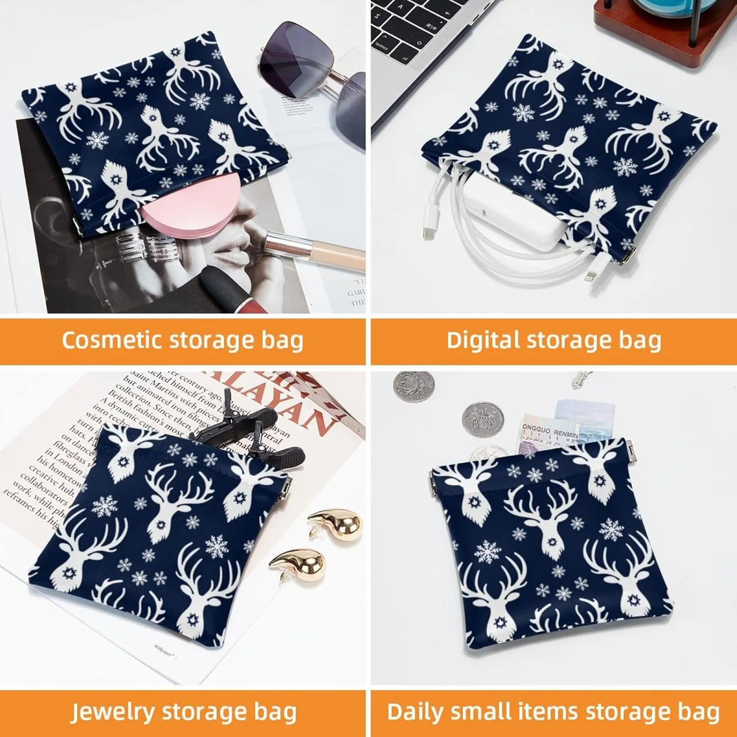 2 Piece Faux Leather Makeup Bag for Purse, Small Travel Kit Storage Pouch, Waterproof Mini Bag Purse, Mini Pocket Makeup Bag for Lipstick, Christmas Snowflake Elk Gift Blue