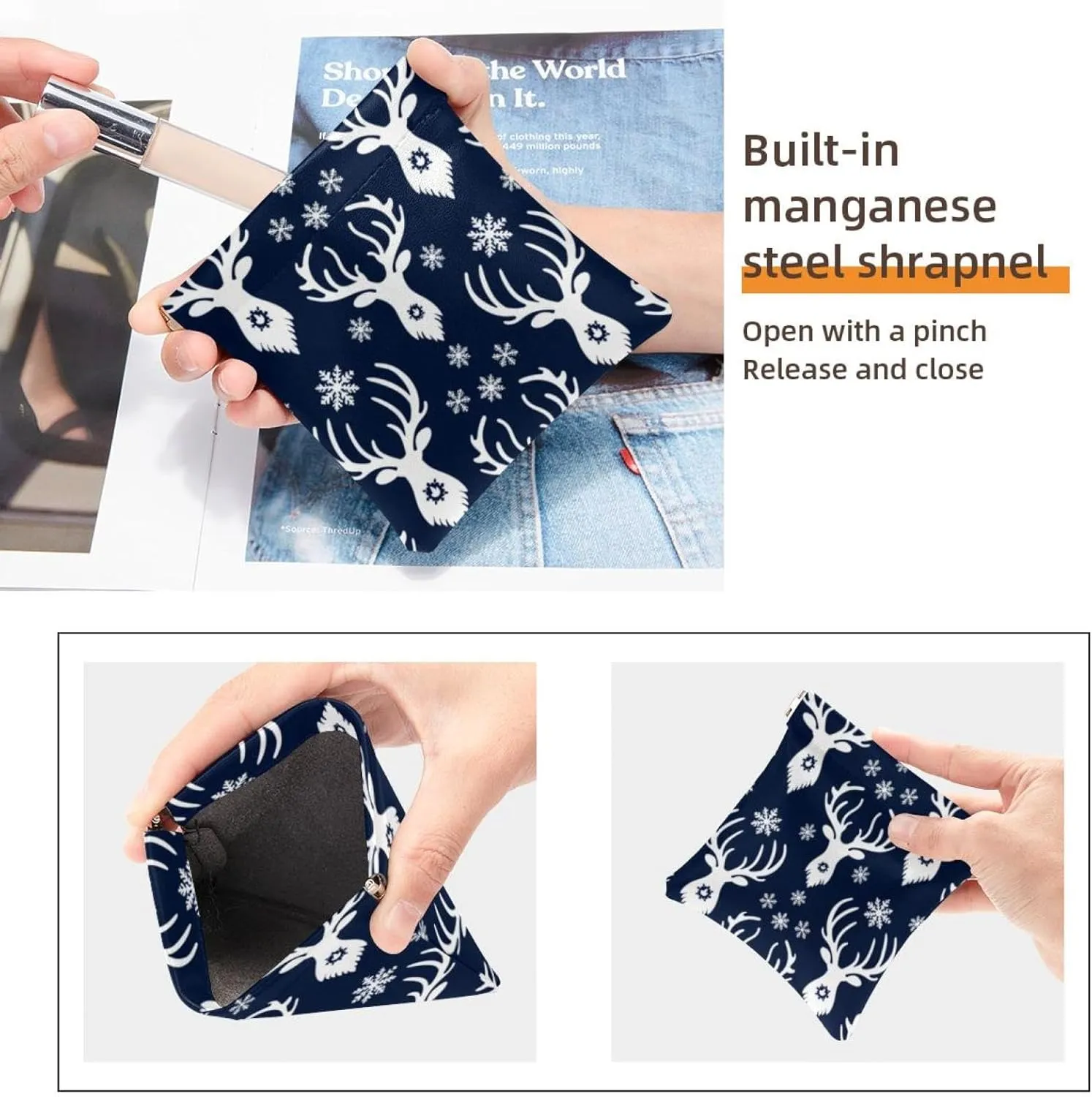 2 Piece Faux Leather Makeup Bag for Purse, Small Travel Kit Storage Pouch, Waterproof Mini Bag Purse, Mini Pocket Makeup Bag for Lipstick, Christmas Snowflake Elk Gift Blue