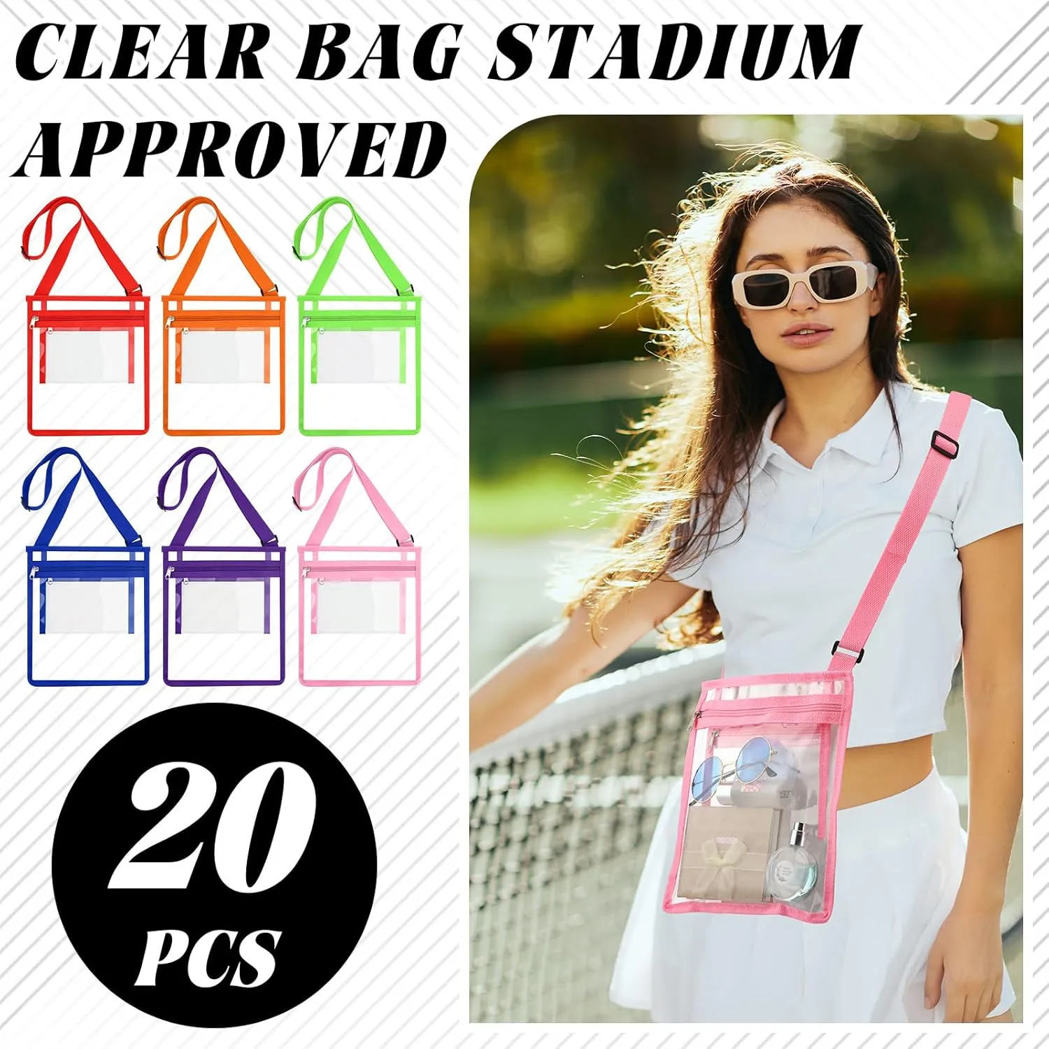 20 Pcs Clear Bag Stadium Approved PVC Clear Crossbody Concert Bag for Gym Travel Beach Swimming