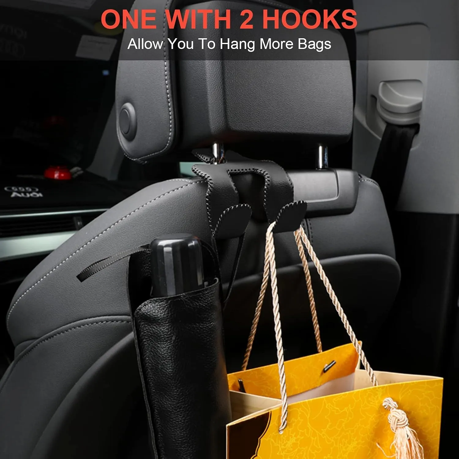 【2021 Upgraded】 Car Purse Hook, 2 in 1 Car Seat Headrest Hooks Durable Hanger Storage Holder Leather Organizer for Hanging Grocery Bags, 2 Pack, Beige