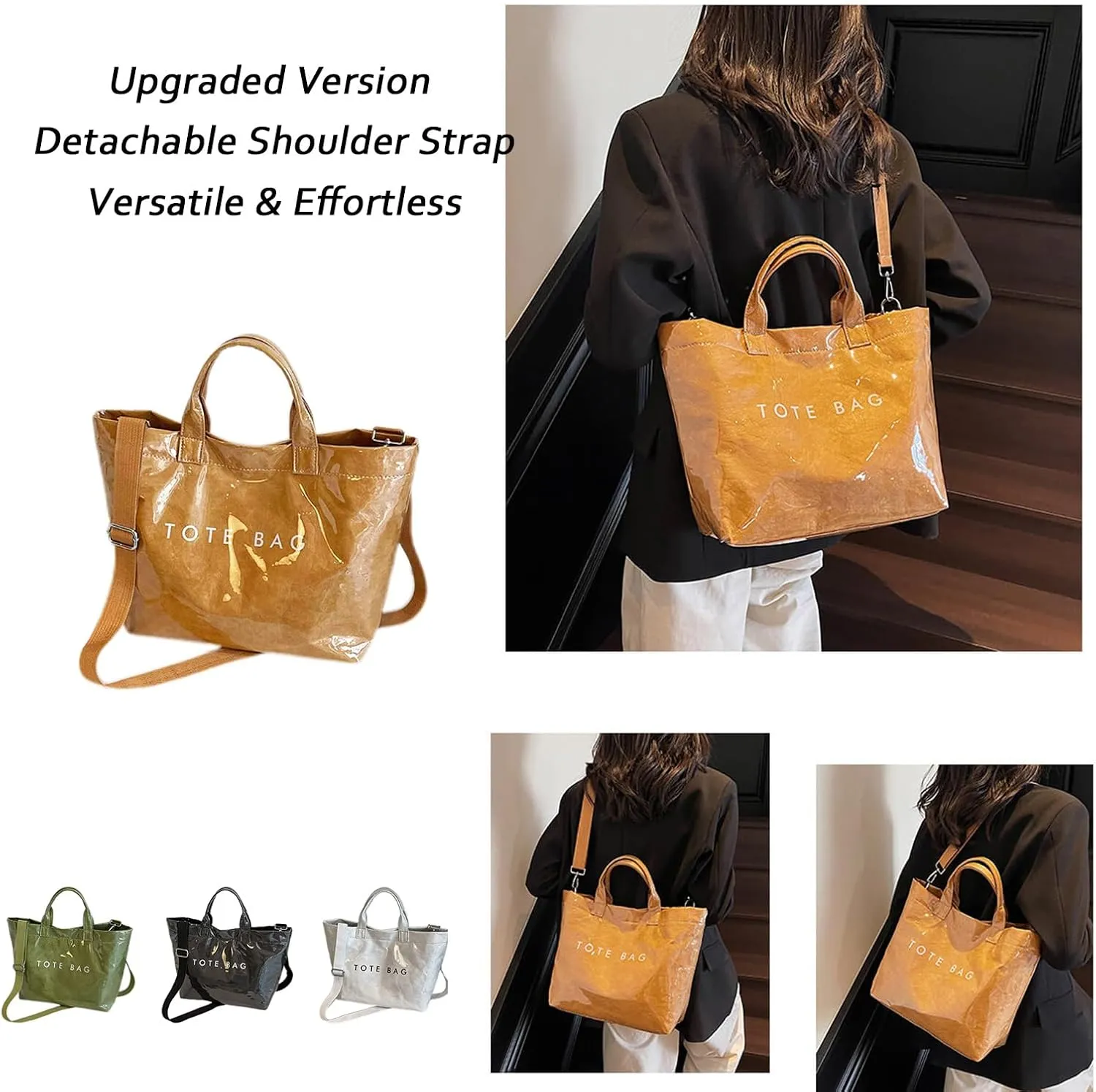 2025 Upgraded PVC Tote Bag for Women with Detachable Crossbody Strap, Letters Print Large Clear Designer Hobo Handbag