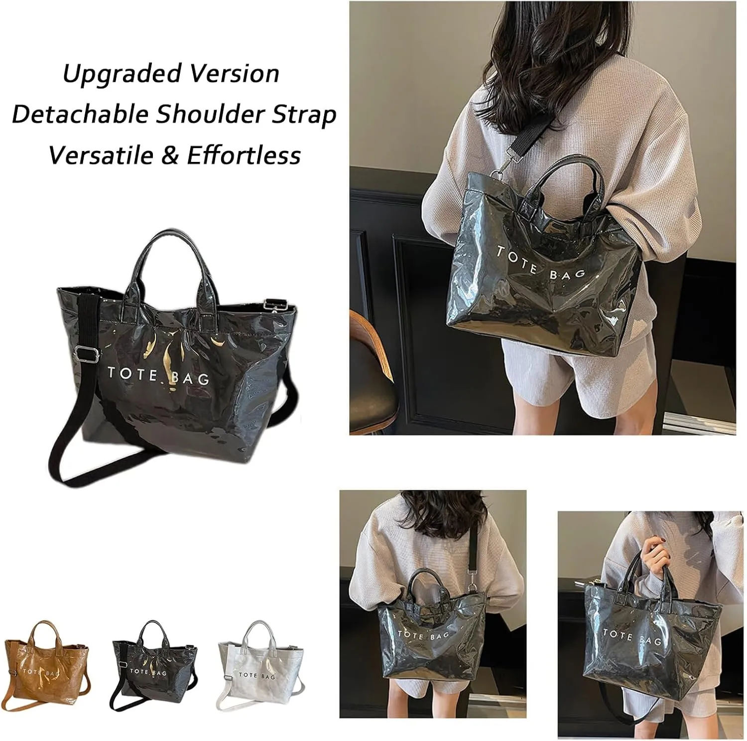 2025 Upgraded PVC Tote Bag for Women with Detachable Crossbody Strap, Letters Print Large Clear Designer Hobo Handbag