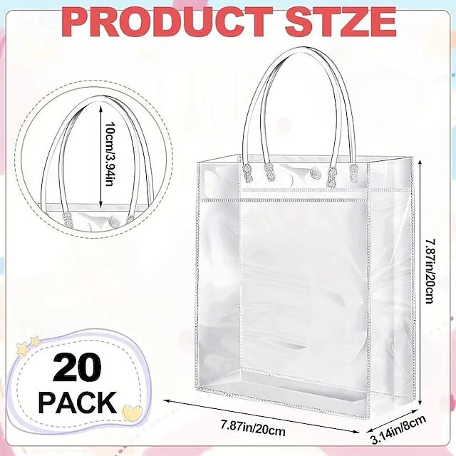 20pcs Reusable Clear Plastic Gift Tote Bags - Premium PVC Gift Wrap Bags for Parties and Events - Durable, Water-Resistant, and Reusable (7.87" X 7.87" X 3.15") for Halloween, Christmas, Wedding, Birt