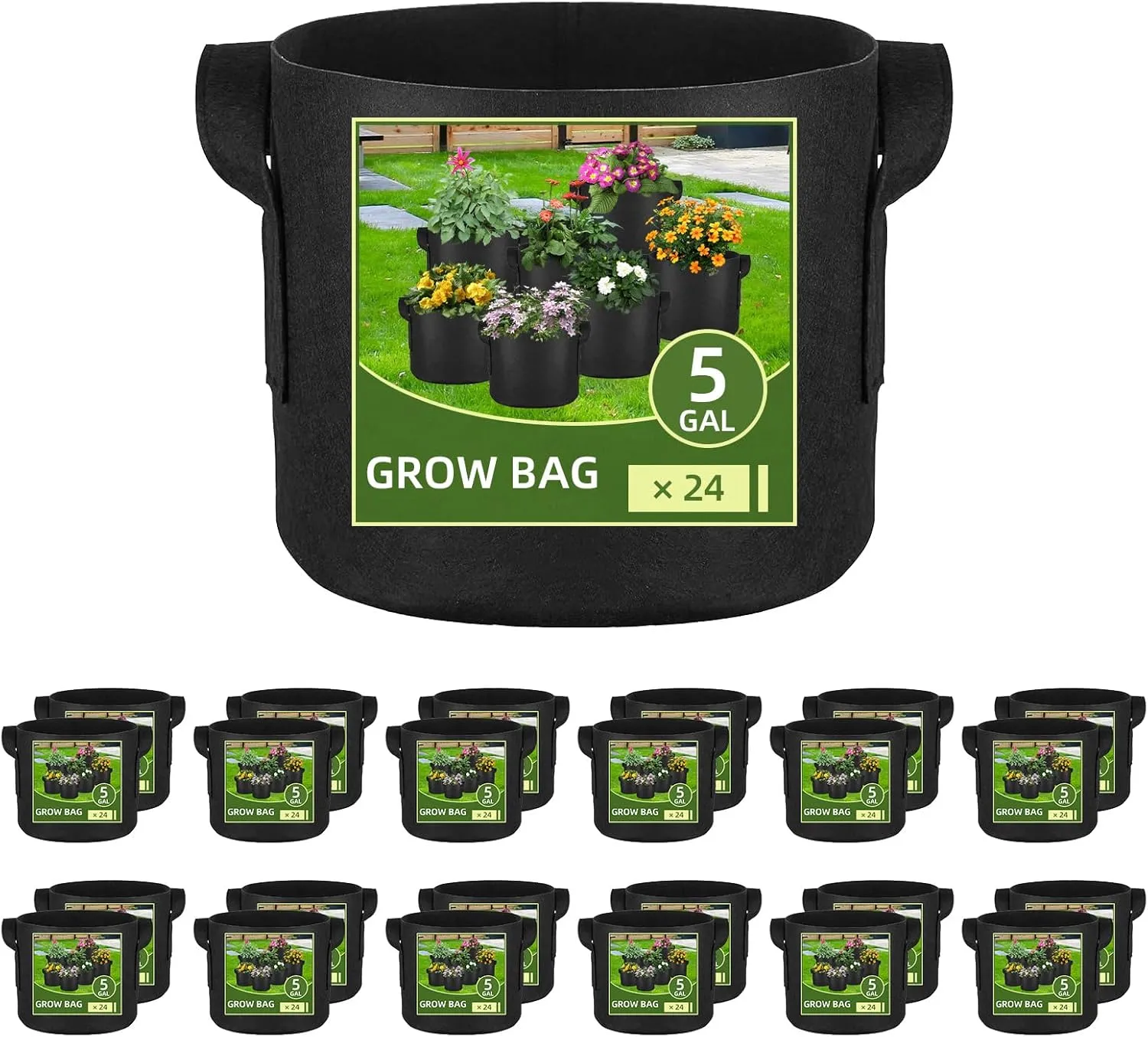 24 Pack 5 Gallon Grow Bags, Heavy Duty Thickened Aeration Fabric Pots with Handles for Vegetable/Flower/Plant