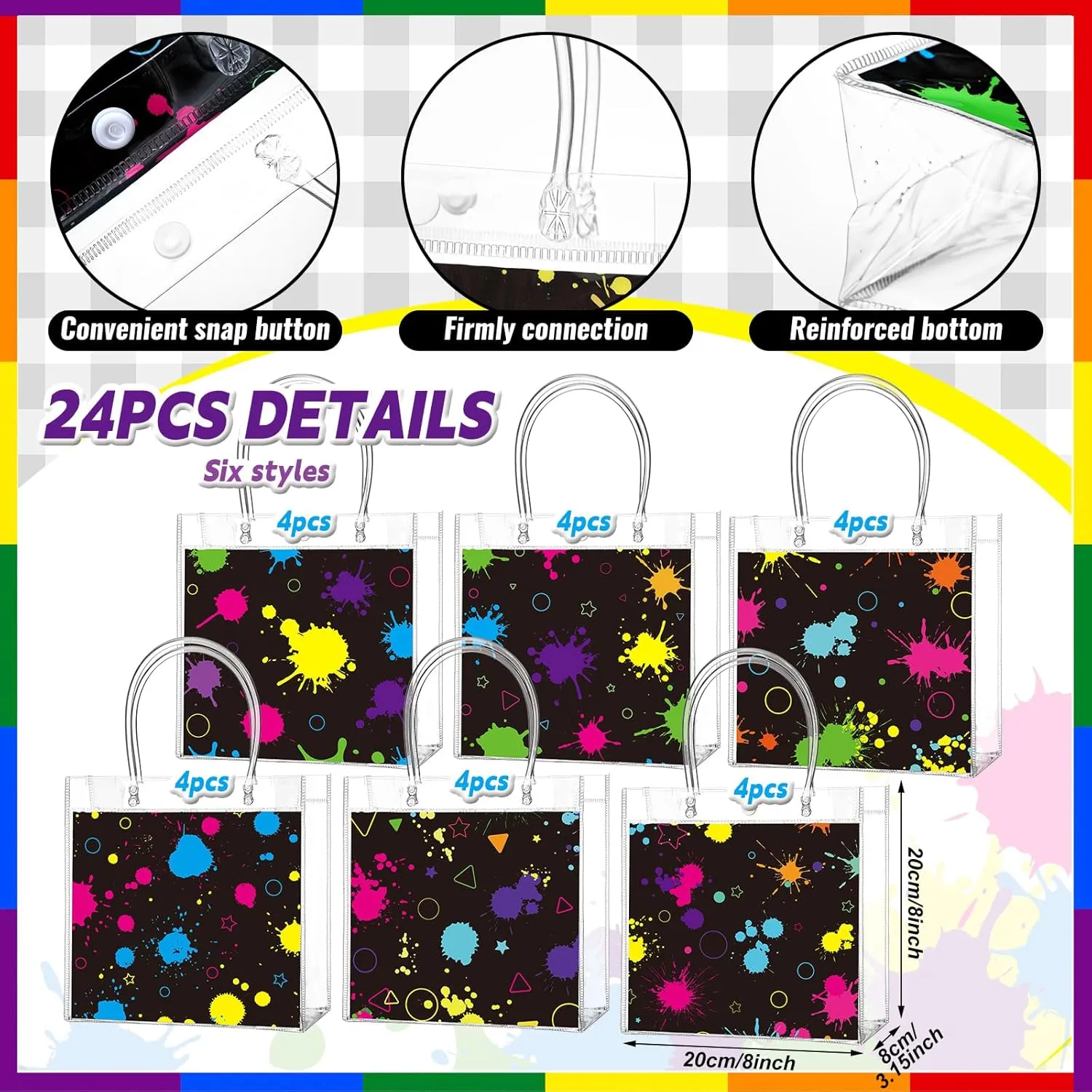 24 Pcs Glow in the Dark Party Favors Bags Light up Neon Clear PVC Goodie Candy Treat Tote Gift Bags with Handles Glow Theme Birthday Baby Shower Party Supplies