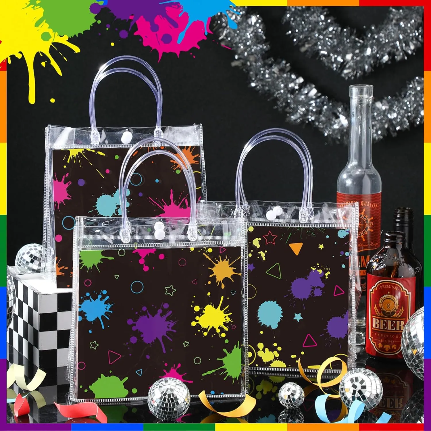 24 Pcs Glow in the Dark Party Favors Bags Light up Neon Clear PVC Goodie Candy Treat Tote Gift Bags with Handles Glow Theme Birthday Baby Shower Party Supplies