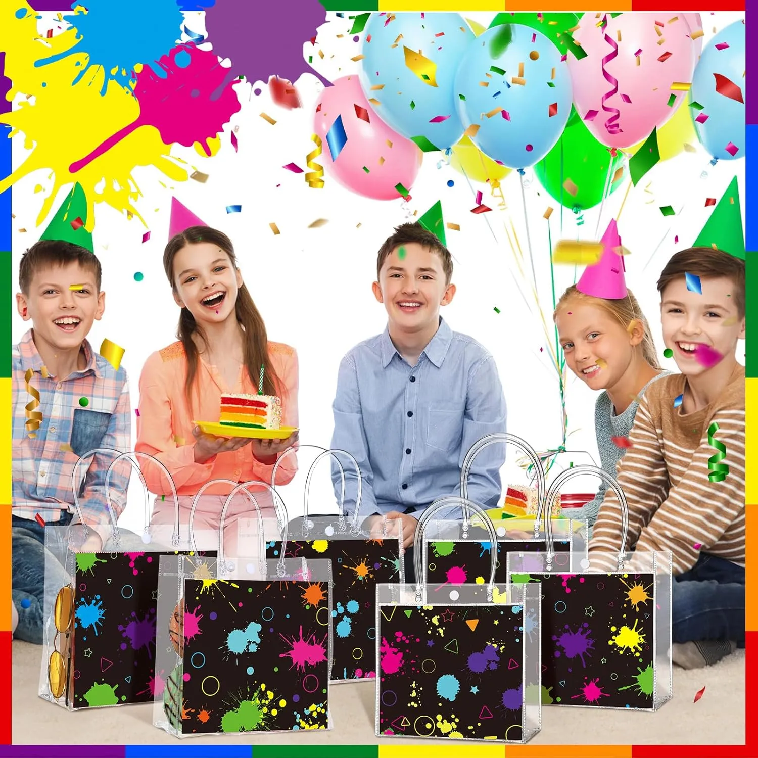24 Pcs Glow in the Dark Party Favors Bags Light up Neon Clear PVC Goodie Candy Treat Tote Gift Bags with Handles Glow Theme Birthday Baby Shower Party Supplies