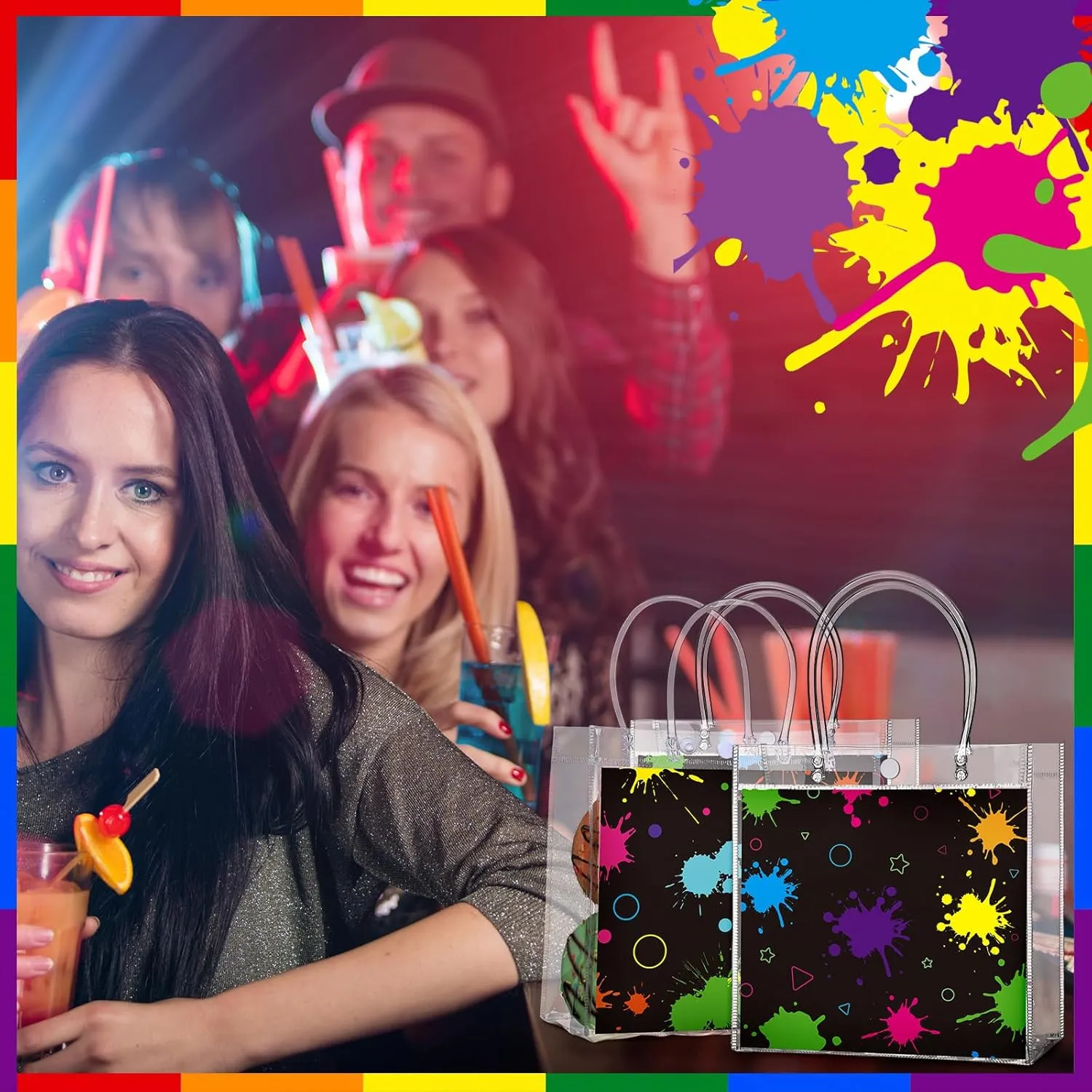 24 Pcs Glow in the Dark Party Favors Bags Light up Neon Clear PVC Goodie Candy Treat Tote Gift Bags with Handles Glow Theme Birthday Baby Shower Party Supplies