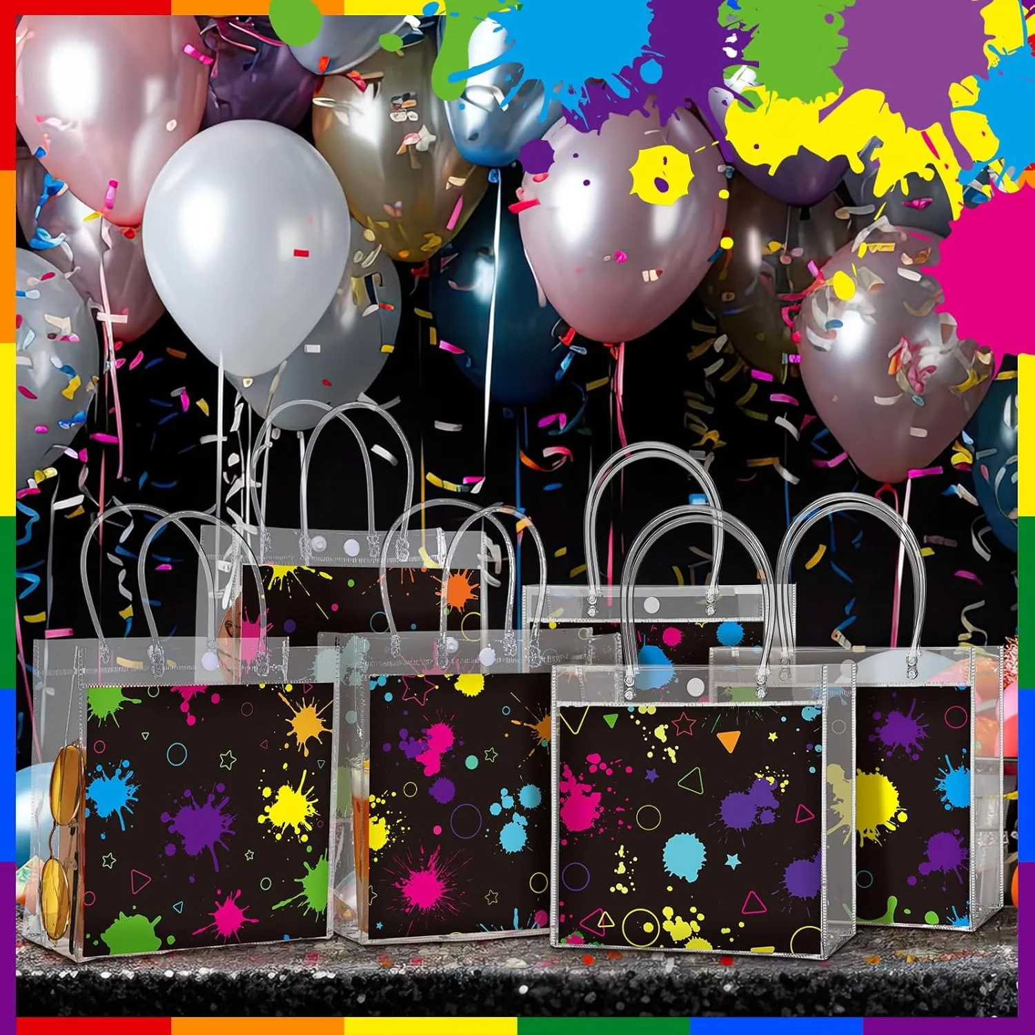 24 Pcs Glow in the Dark Party Favors Bags Light up Neon Clear PVC Goodie Candy Treat Tote Gift Bags with Handles Glow Theme Birthday Baby Shower Party Supplies