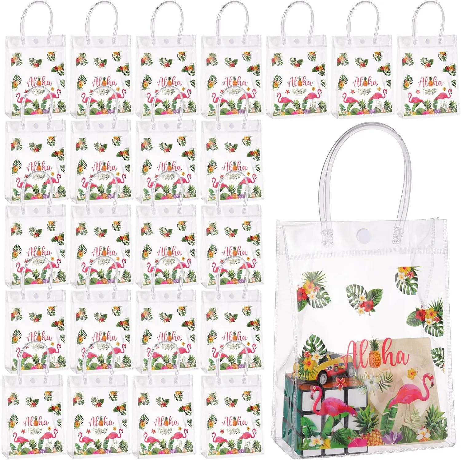 24 Pcs Hawaiian Clear Gift Bags Flamingo Clear Aloha Bags PVC Summer Tropical Goodie Candy Luau Party Favors Festival Holiday Supplies Favor(5.9 x 7.9 x 2.8 Inches)