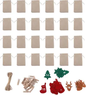 24Pcs Advent Calendar Bags - Christmas Advent Calendar Drawstring Bags Christmas Countdown Bags Fabric Advent Bags(Beige)