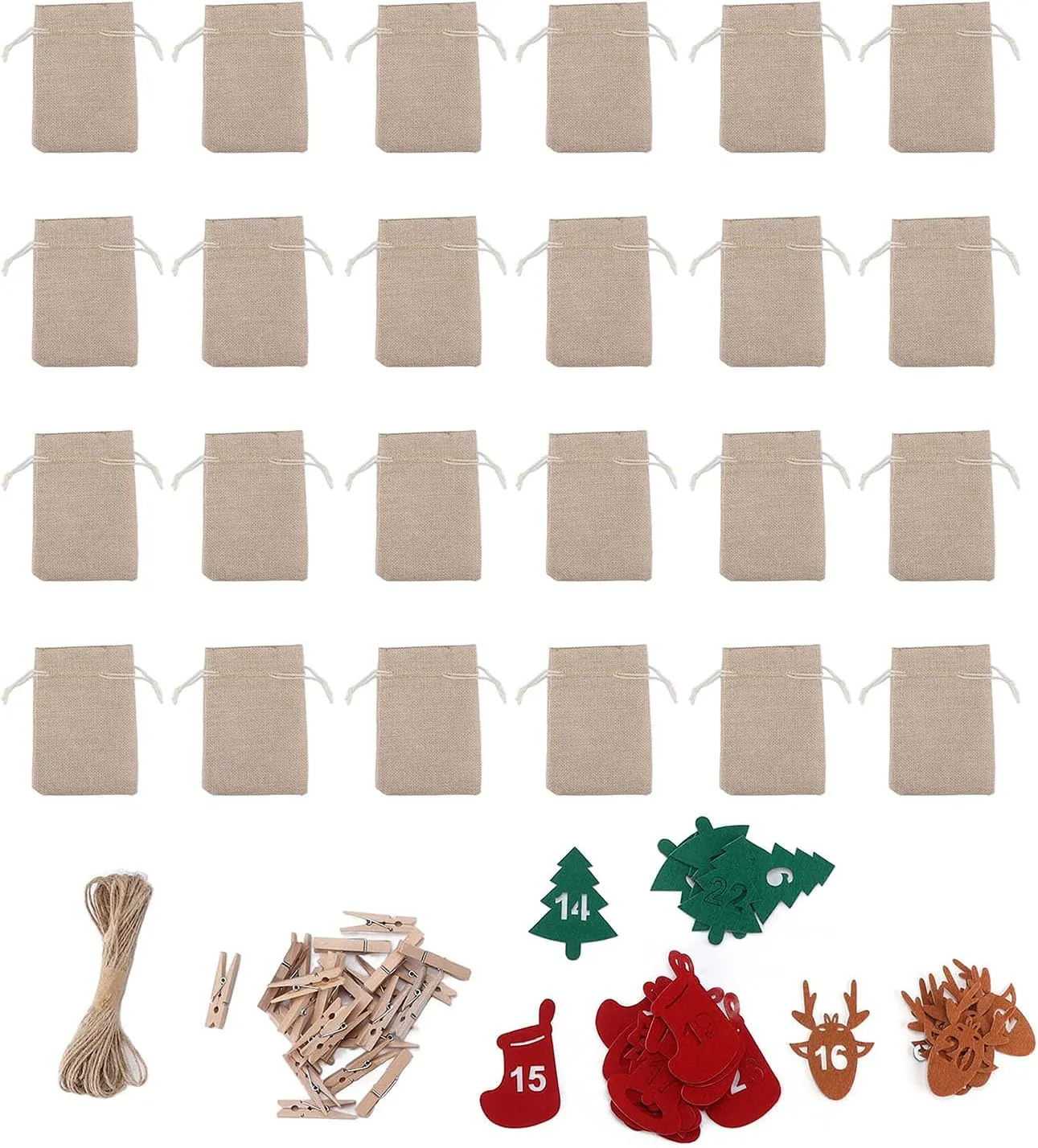 24Pcs Advent Calendar Bags - Christmas Advent Calendar Drawstring Bags Christmas Countdown Bags Fabric Advent Bags(Beige)