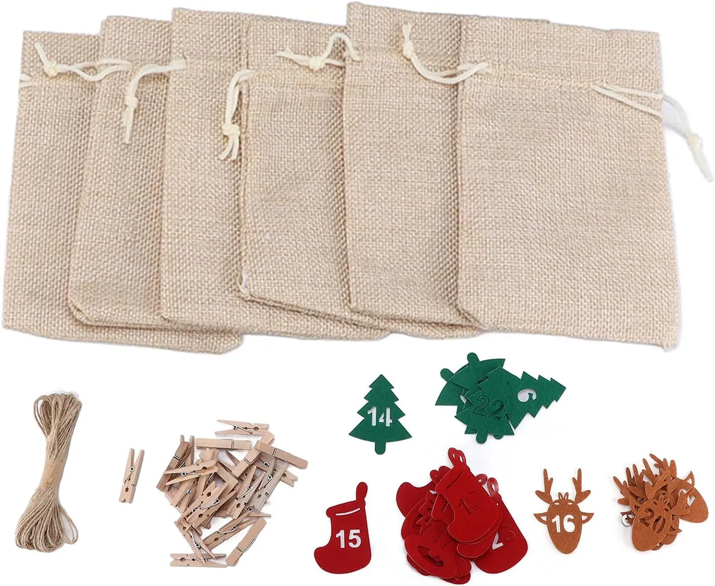 24Pcs Advent Calendar Bags - Christmas Advent Calendar Drawstring Bags Christmas Countdown Bags Fabric Advent Bags(Beige)