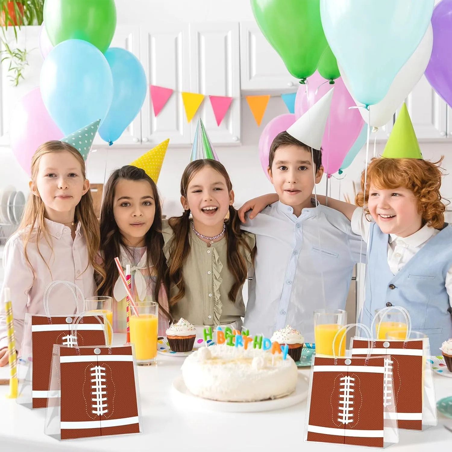 24Pcs Football Clear PVC Gift Bags With Handles Football Party Favors Goodie Treat Bags Sport Theme Candy Bags Rugby Team Present Wrap Tote Bags for Boys Birthday Baby Shower Decorations
