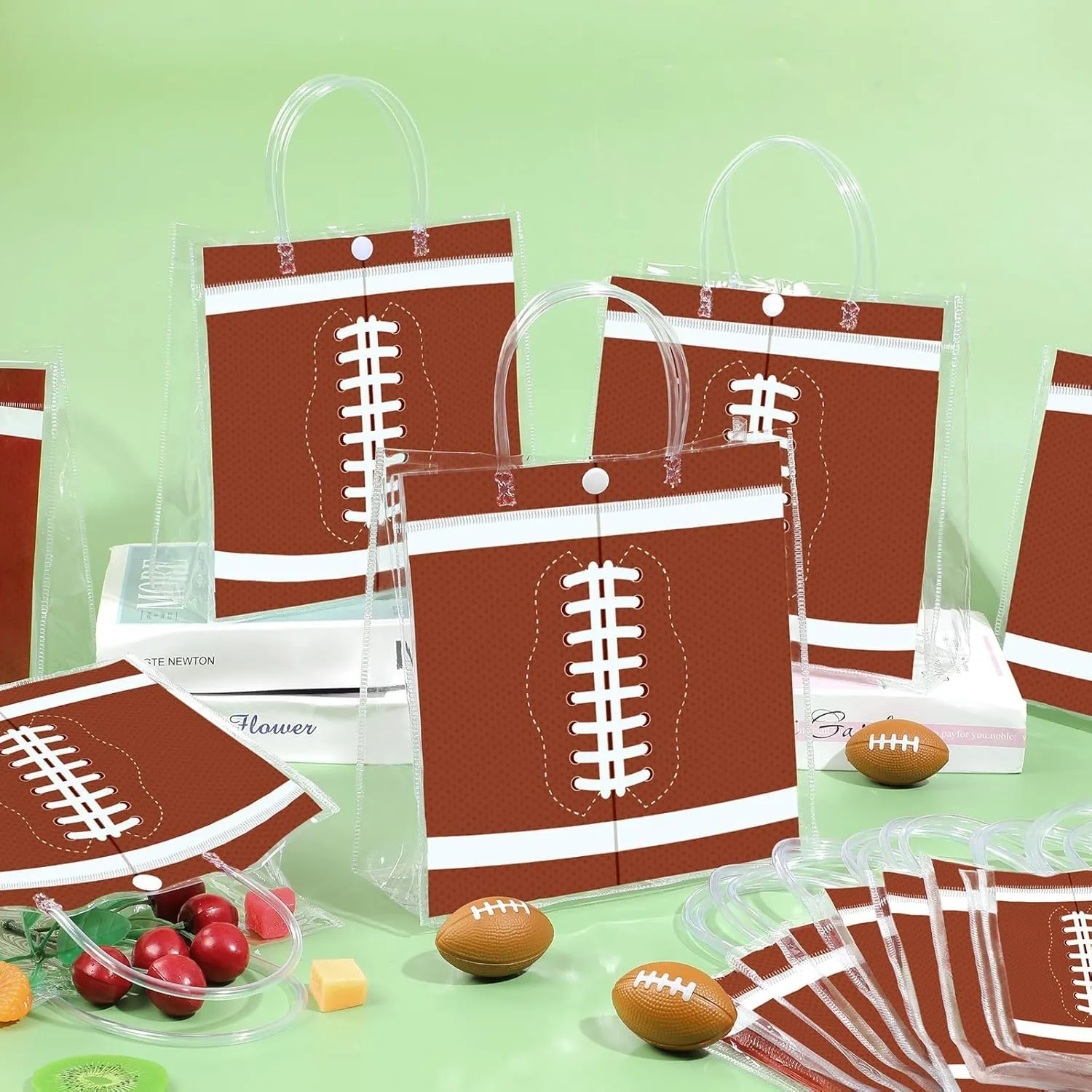 24Pcs Football Clear PVC Gift Bags With Handles Football Party Favors Goodie Treat Bags Sport Theme Candy Bags Rugby Team Present Wrap Tote Bags for Boys Birthday Baby Shower Decorations