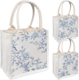 3 Pcs Chinoiserie Burlap Tote Bags Blue White Vintage Floral Bird Tote Bags with Handle Reusable Goodie Treat Grocery Shopping Bag Waterproof Lining for Birthday Wedding Party Supplies, 7.9 x 7.9"