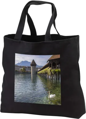 3dRose Lake Lucerne, Switzerland. Bridge and swans in river during the fall. - Tote Bags (tb_344116)
