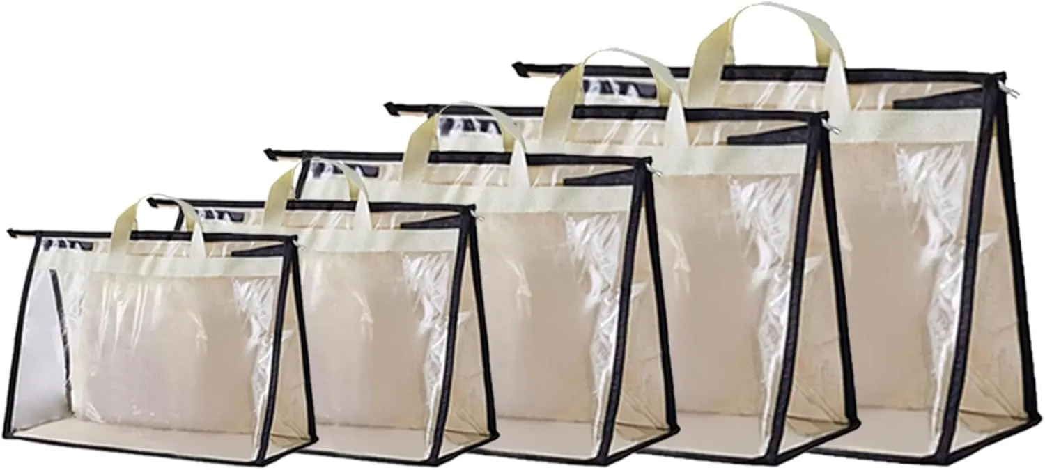 5 Pack Dust Bags for Handbags, 5 Size Clear Handbag Storage Organizer with Zipper & Handle Handbag and Purse Dust Bags for Closet Bedroom, Beige