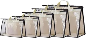 5 Pack Dust Bags for Handbags, 5 Size Clear Handbag Storage Organizer with Zipper & Handle Handbag and Purse Dust Bags for Closet Bedroom, Beige