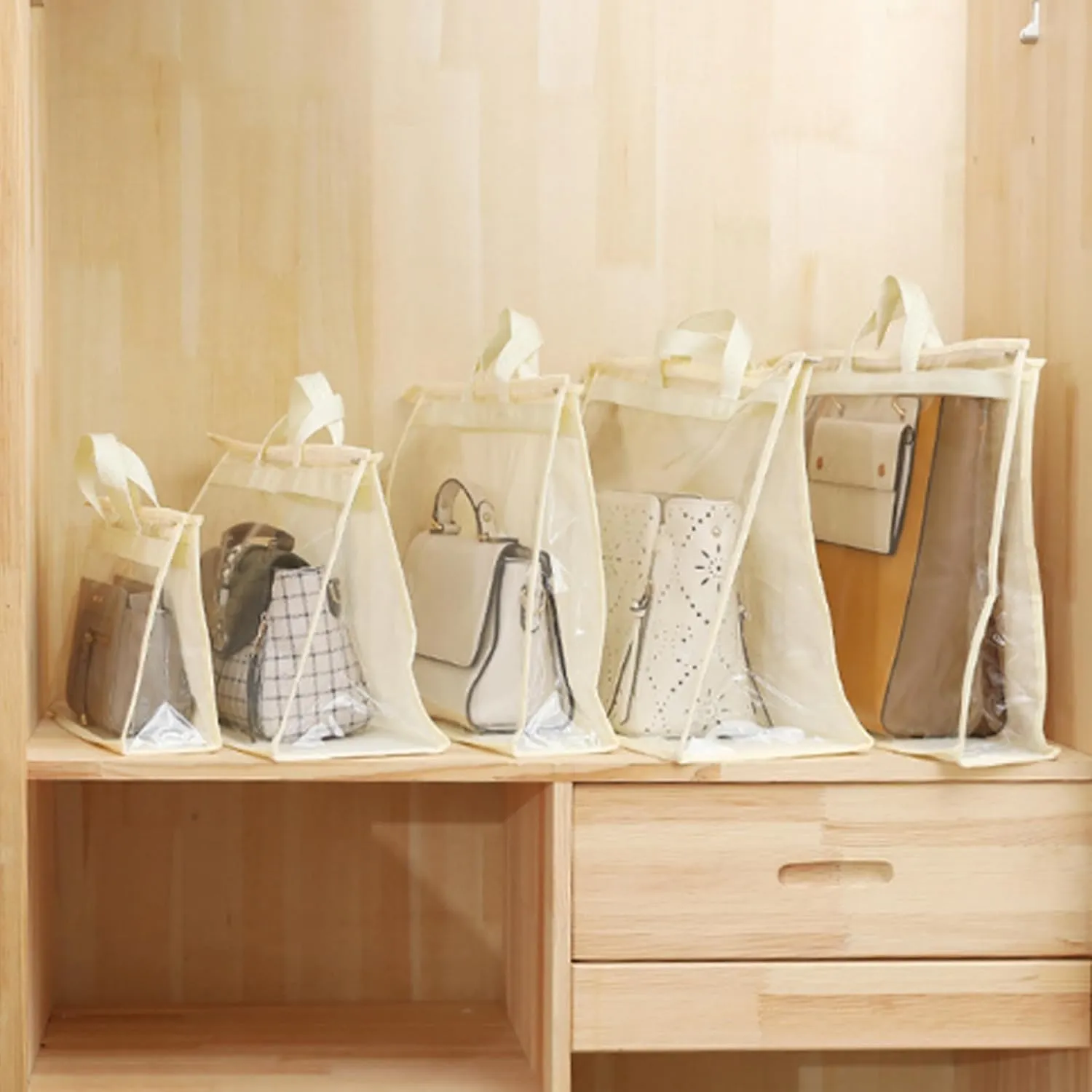 5 Pack Dust Bags for Handbags, 5 Size Clear Handbag Storage Organizer with Zipper & Handle Handbag and Purse Dust Bags for Closet Bedroom, Beige