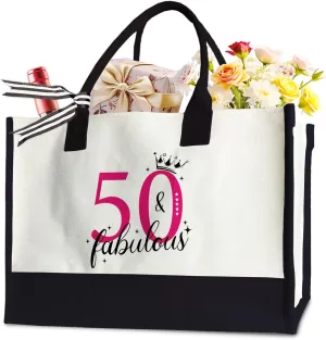 50th Birthday Tote Bag for Woman, 50 & Fabulous Bag for Grandma Wife Sister Mom, 17 x 11.8 x 7 Inches