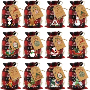 60pcs Buffalo Plaid Cotton Drawstring Xmas Gift Bags - Small Reusable Fabric Treat Sacks for Candy, Party Favors & Gifts