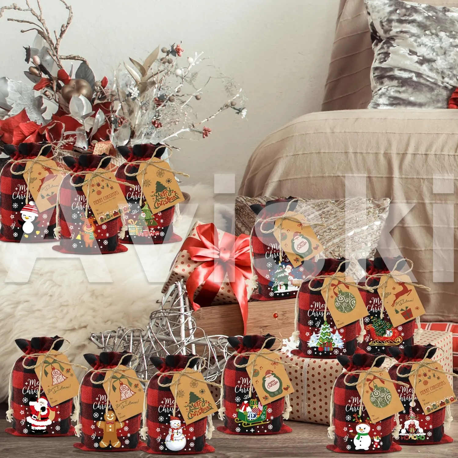 60pcs Buffalo Plaid Cotton Drawstring Xmas Gift Bags - Small Reusable Fabric Treat Sacks for Candy, Party Favors & Gifts