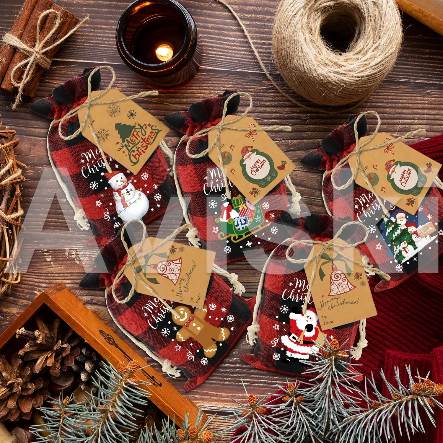 60pcs Buffalo Plaid Cotton Drawstring Xmas Gift Bags - Small Reusable Fabric Treat Sacks for Candy, Party Favors & Gifts