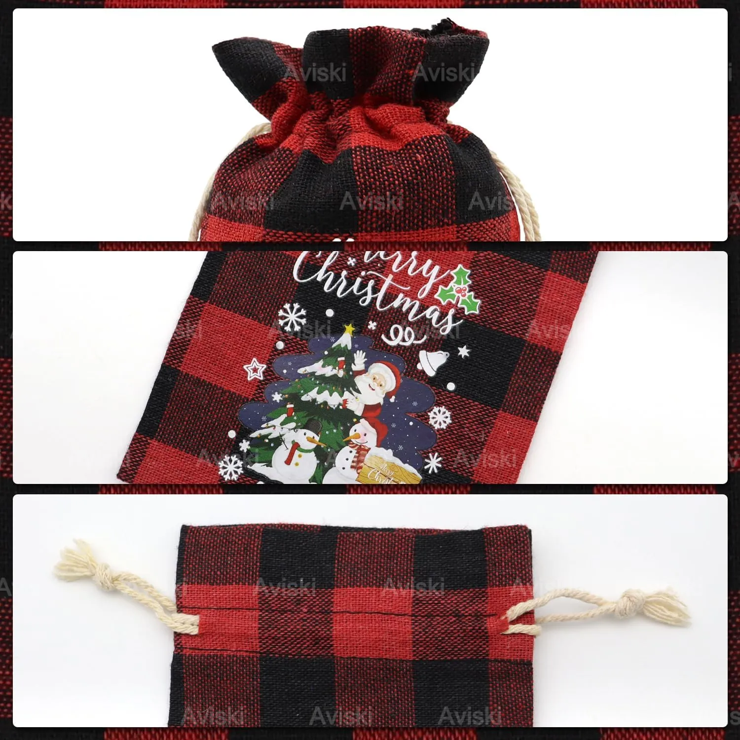 60pcs Buffalo Plaid Cotton Drawstring Xmas Gift Bags - Small Reusable Fabric Treat Sacks for Candy, Party Favors & Gifts