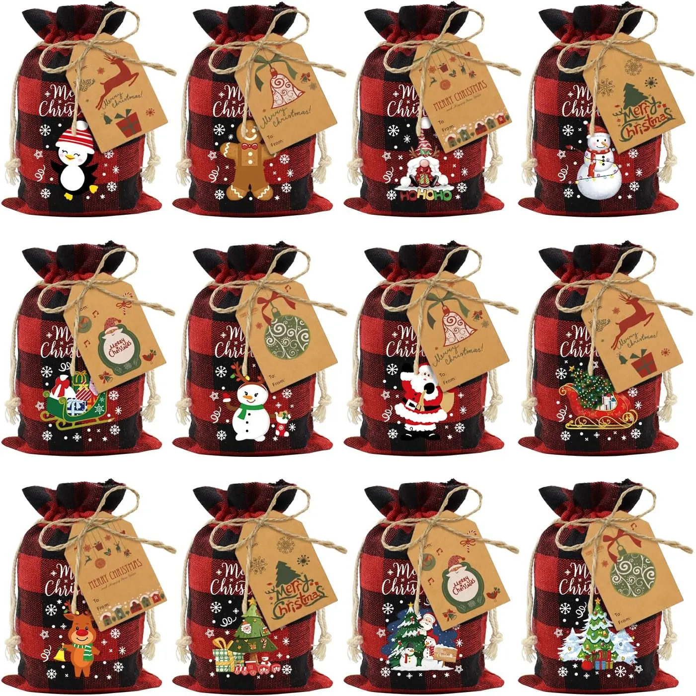 60pcs Buffalo Plaid Cotton Drawstring Xmas Gift Bags - Small Reusable Fabric Treat Sacks for Candy, Party Favors & Gifts
