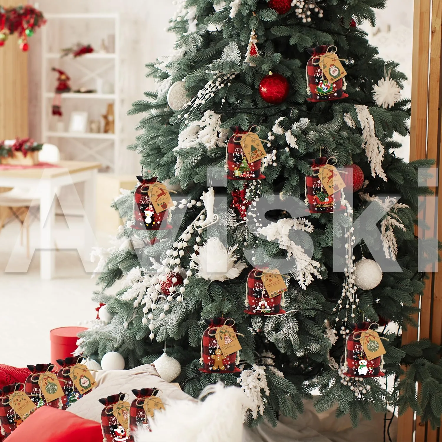 60pcs Buffalo Plaid Cotton Drawstring Xmas Gift Bags - Small Reusable Fabric Treat Sacks for Candy, Party Favors & Gifts
