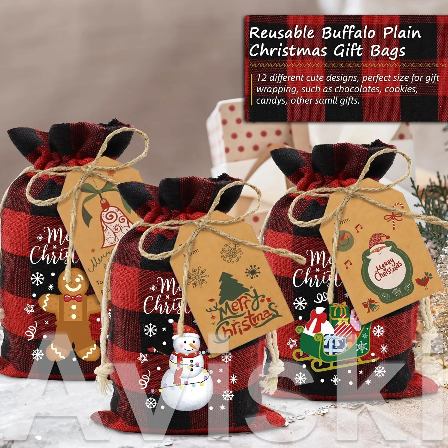 60pcs Buffalo Plaid Cotton Drawstring Xmas Gift Bags - Small Reusable Fabric Treat Sacks for Candy, Party Favors & Gifts
