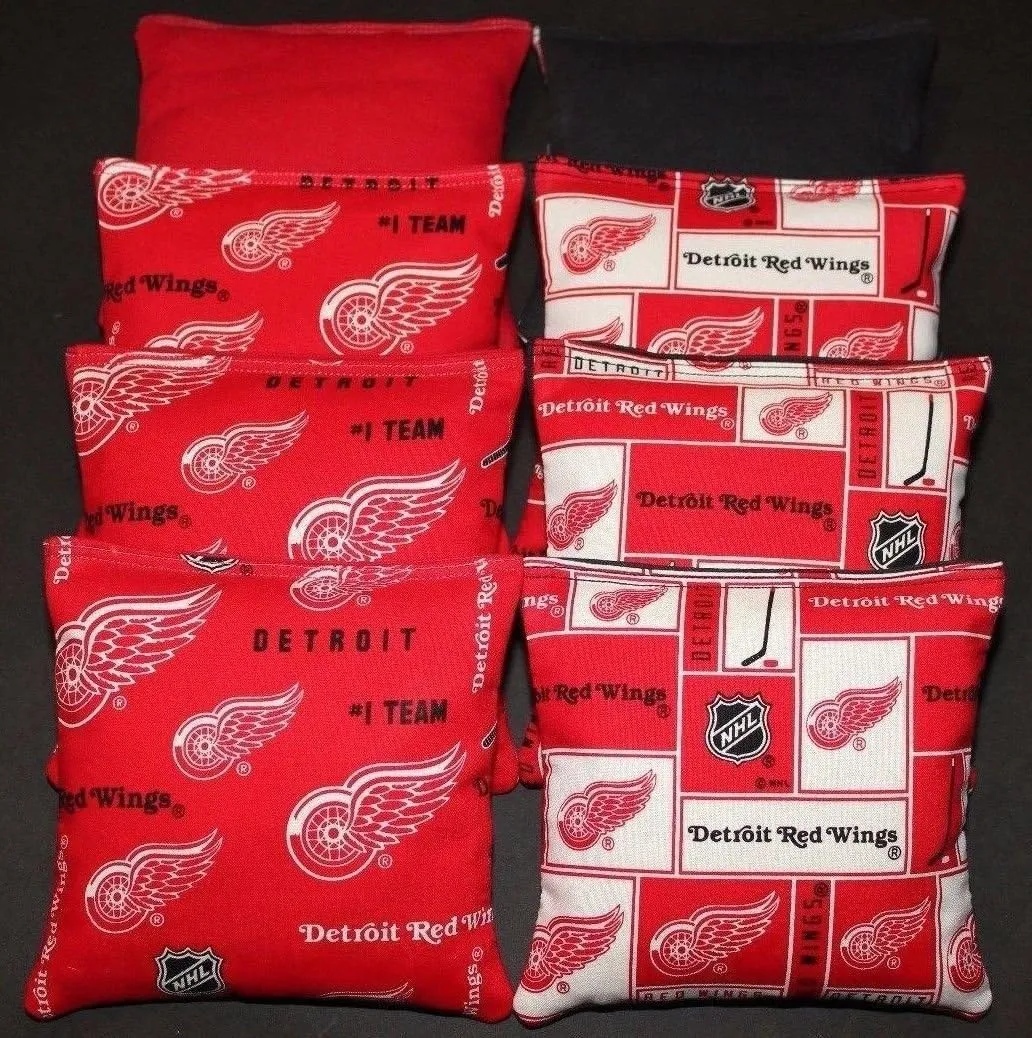 8 All Weather Cornhole BEANBAGS Made w Detroit Redwings Fabric ACA Reg Bags