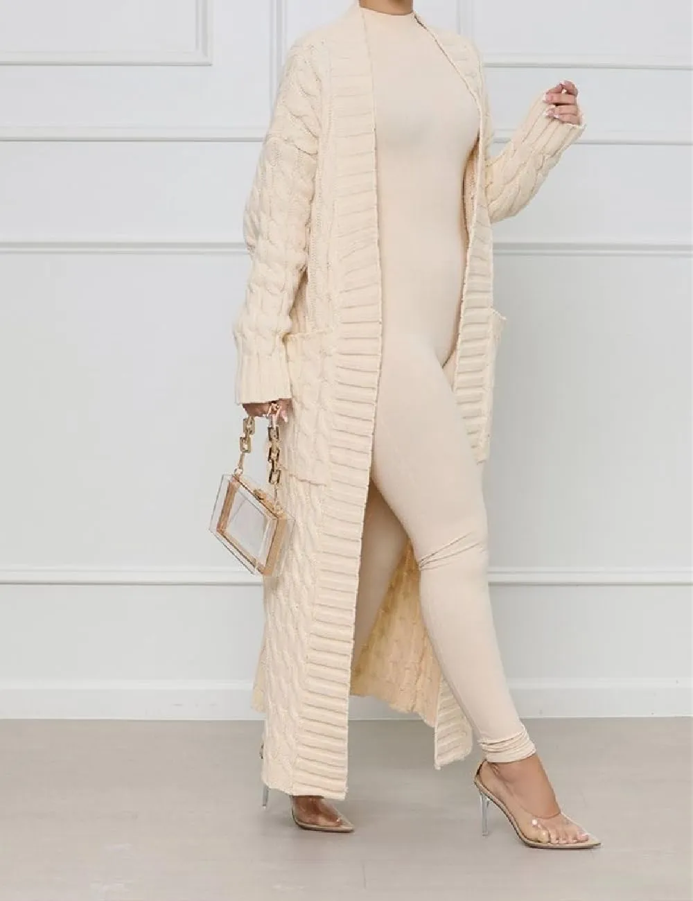 A ADILACA Women's Thin Type Stylish Cable Knit Cardigan with 2-Pockets, Women's Extra Long Ankle Length Sweater