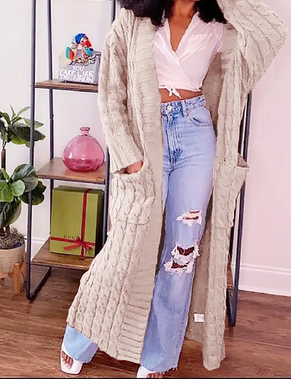 A ADILACA Women's Thin Type Stylish Cable Knit Cardigan with 2-Pockets, Women's Extra Long Ankle Length Sweater